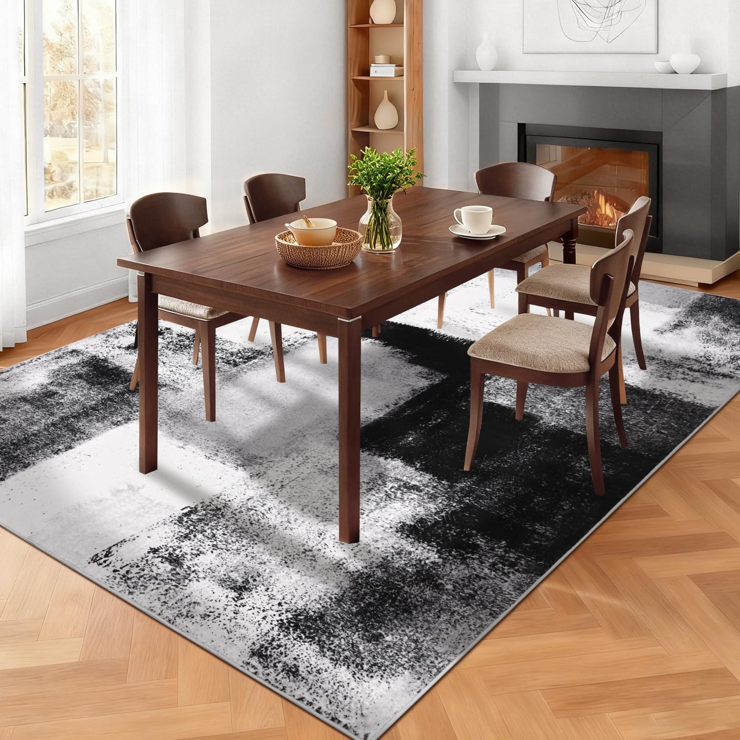 Bleum Cade 5x7 Abstract Area Rugs for Living Room, Modern Washable Rugs Non Slip Dining Room Rug, Soft Low Pile Bedroom Rug, Stain Resistant Indoor Rugs Carpet,Black