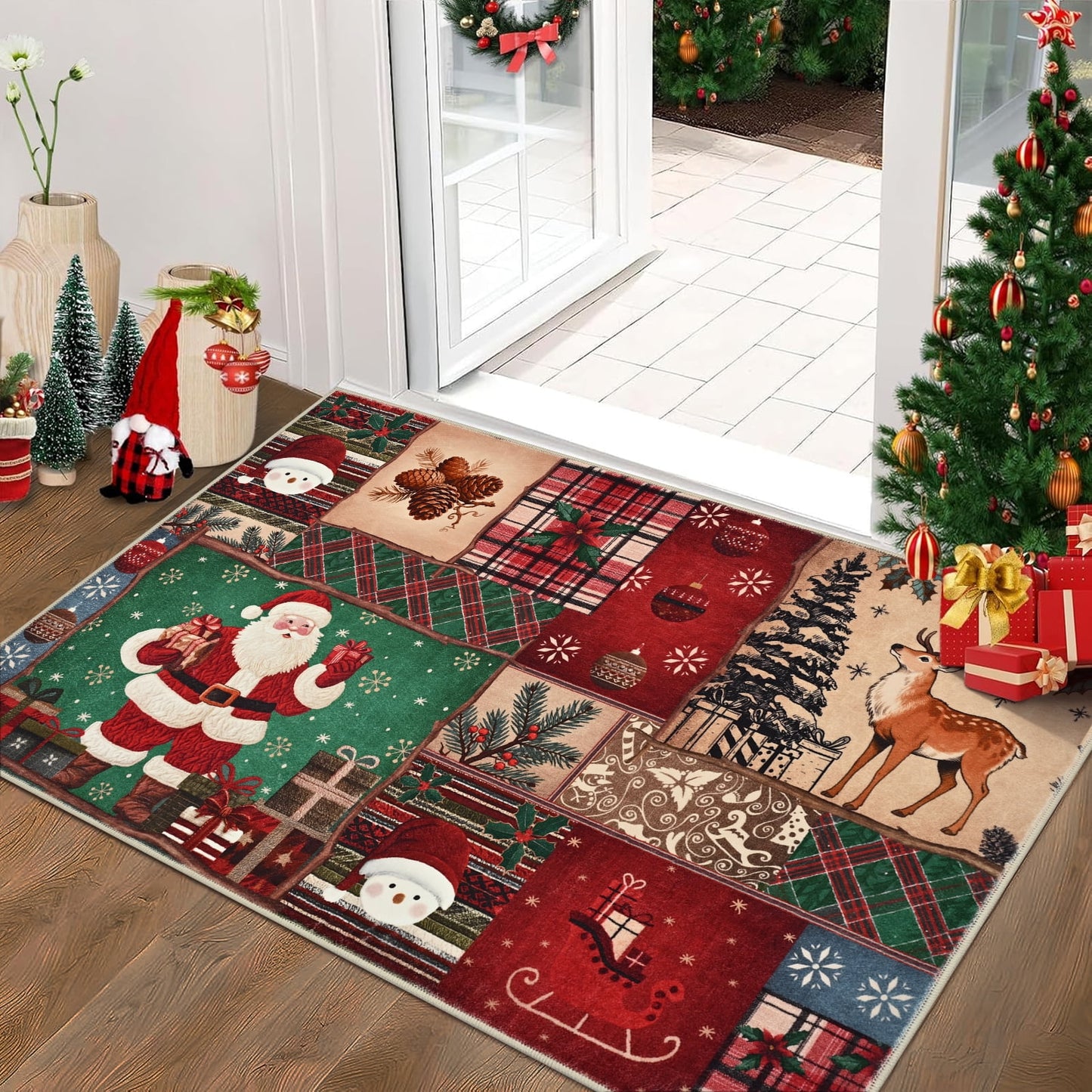 BLEUM CADE Christmas Area Rug 2x3 Washable Rug Non Slip, Santa Claus Door Mat Outdoor Indoor, Soft Faux Wool Patchwork Entryway Rugs Low Pile for Entrance, Christmas Decorations