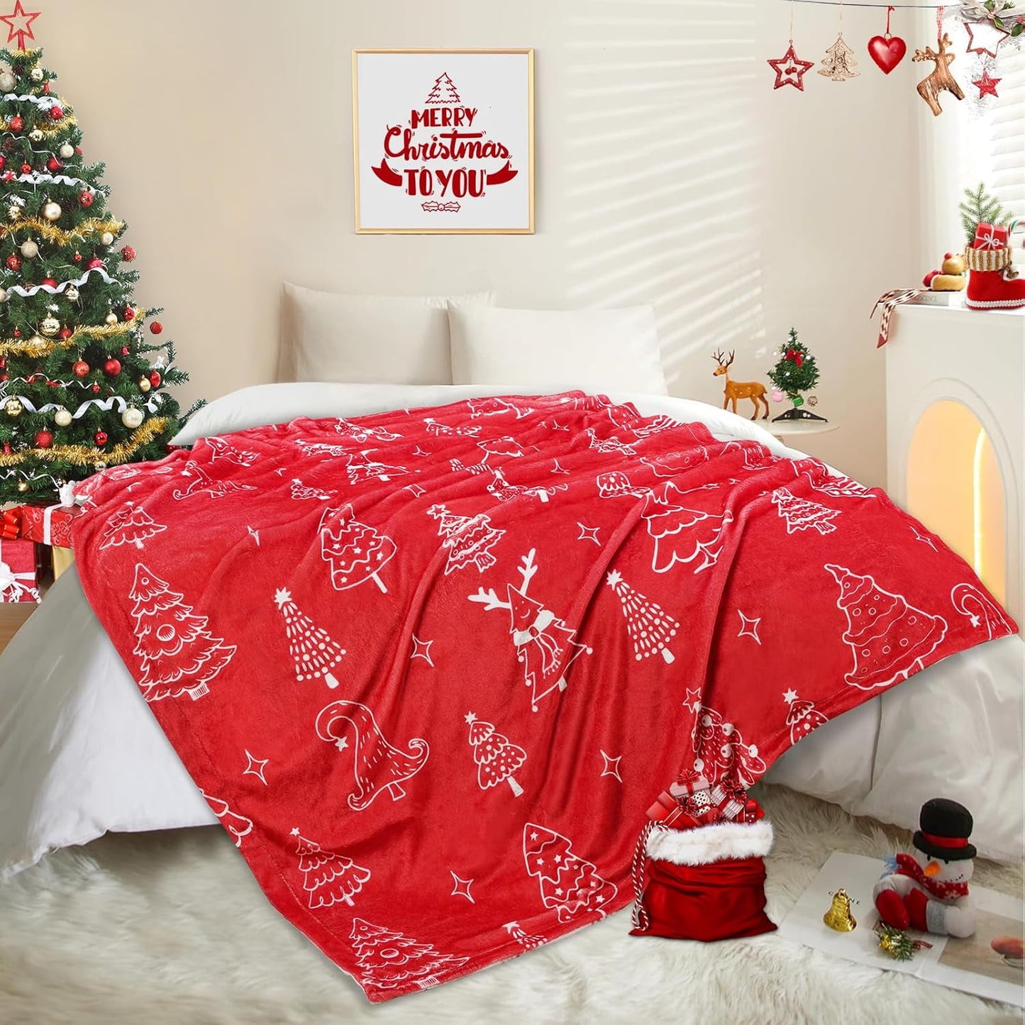 BLEUM CADE Reversible Christmas Throw Blanket for Couch,Red Christmas Blanket Soft Flannel Xmas Tree Blanket, 50 x 60 Inch