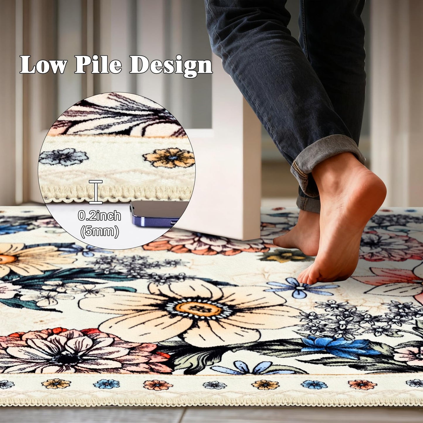 Bleum Cade Door Mat Indoor Entrance 2x3,Boho Floral Area Rug, Washable Rug for Entryway, Soft Faux Wool Non Slip Entryway Rugs Low Pile Throw Rugs for Kitchen, Laundry, Entry, Kids Room,White