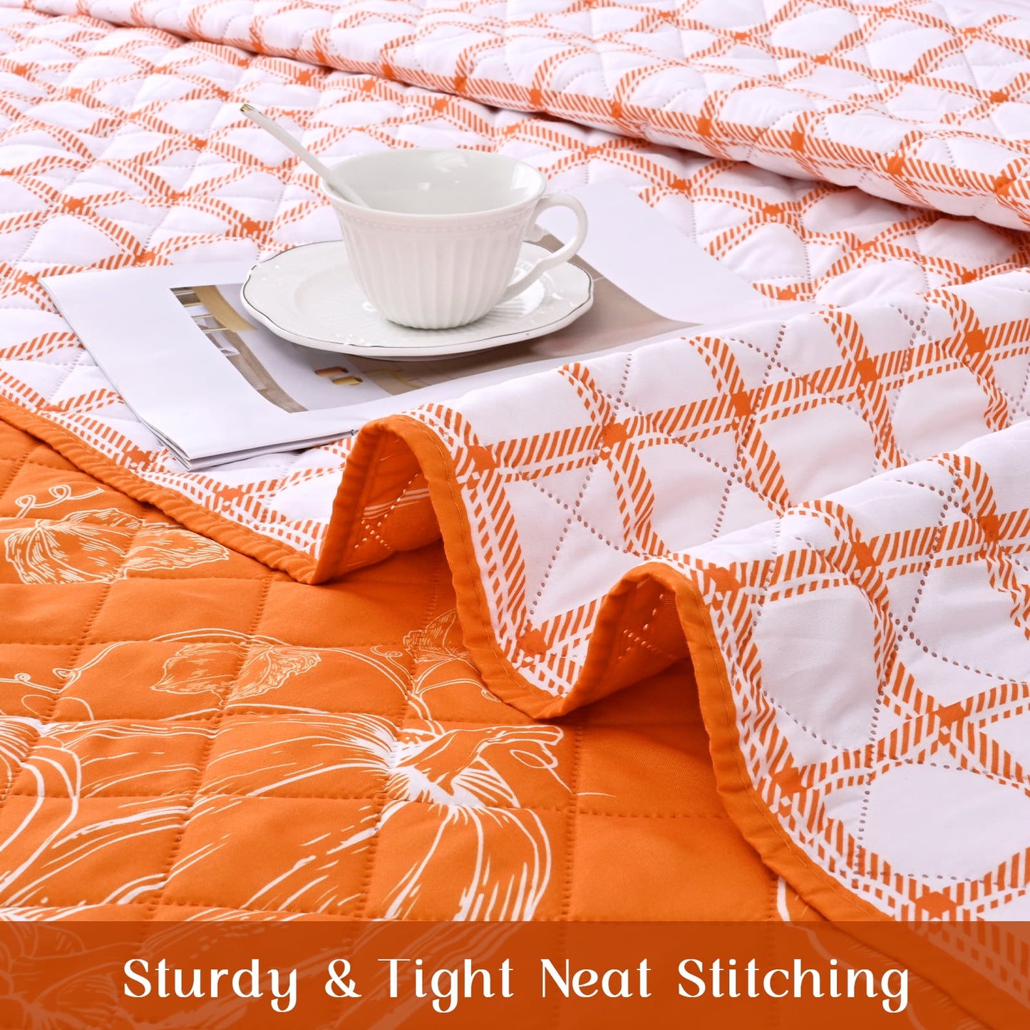 BLEUM CADE 3 Pieces Fall Quilt Set Queen Size, Thanksgiving Reversible Bedding Set Pumpkins Quilt Set, Soft Lightweight Bedspread Coverlet Set Queen
