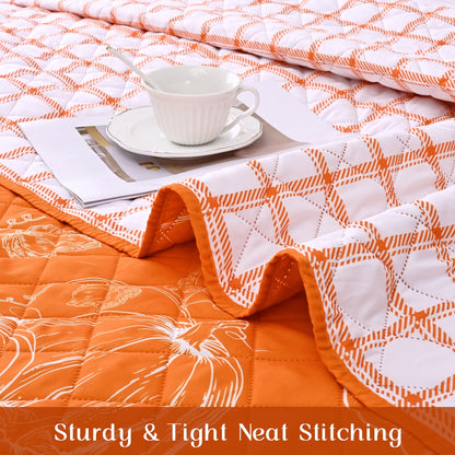 BLEUM CADE 3 Pieces Fall Quilt Set Queen Size, Thanksgiving Reversible Bedding Set Pumpkins Quilt Set, Soft Lightweight Bedspread Coverlet Set Queen