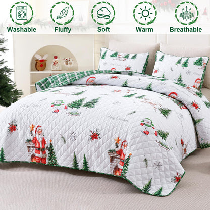 BLEUM CADE 3 Pieces Christmas Quilts Sets Queen Size, Christmas Tree Quilt Bedding Set, Reversible Green Buffalo Plaid Comforter Sets, Santa Claus Soft Lightweight Xmas Bedspread Coverlet, 90"x90"