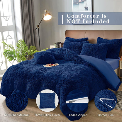 BLEUM CADE Luxury Fluffy Fuzzy Twin Bedding Comforter Cover Set,3 Pieces Shaggy Duvet Cover Set,Furry Plush Velvet Comforter Cover with Zip Closure,Twin,Navy Blue
