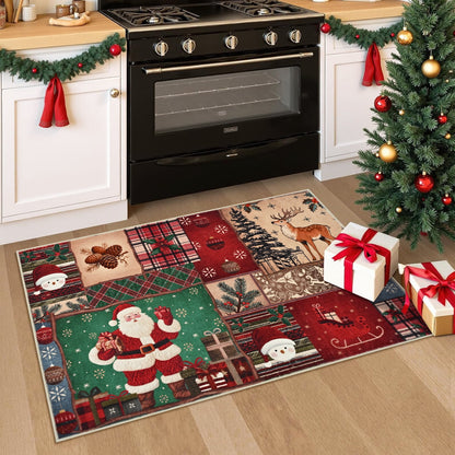 BLEUM CADE Christmas Area Rug 2x3 Washable Rug Non Slip, Santa Claus Door Mat Outdoor Indoor, Soft Faux Wool Patchwork Entryway Rugs Low Pile for Entrance, Christmas Decorations