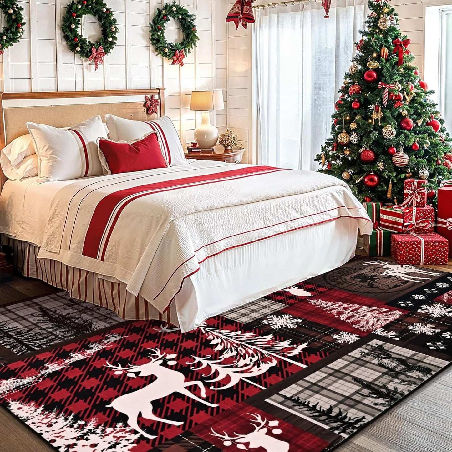 BLEUM CADE Christmas Area Rug 3x5 Rugs for Bedroom,Soft Low Pile Washable Rug,Xmas Tree Snowflake Non Slip Throw Rugs Winter Elk Christmas Carpet for Holiday Decor