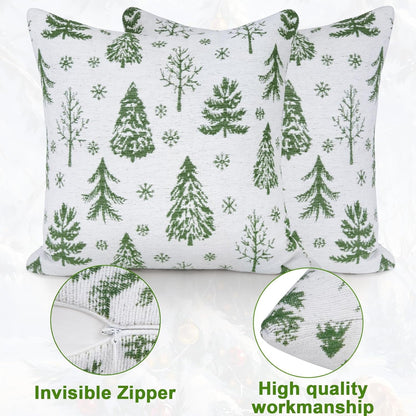 BLEUM CADE 2 Pack Christmas Throw Pillow Covers 18 x 18 inches Chenille Green Xmas Tree Pillowcases for Sofa Couch