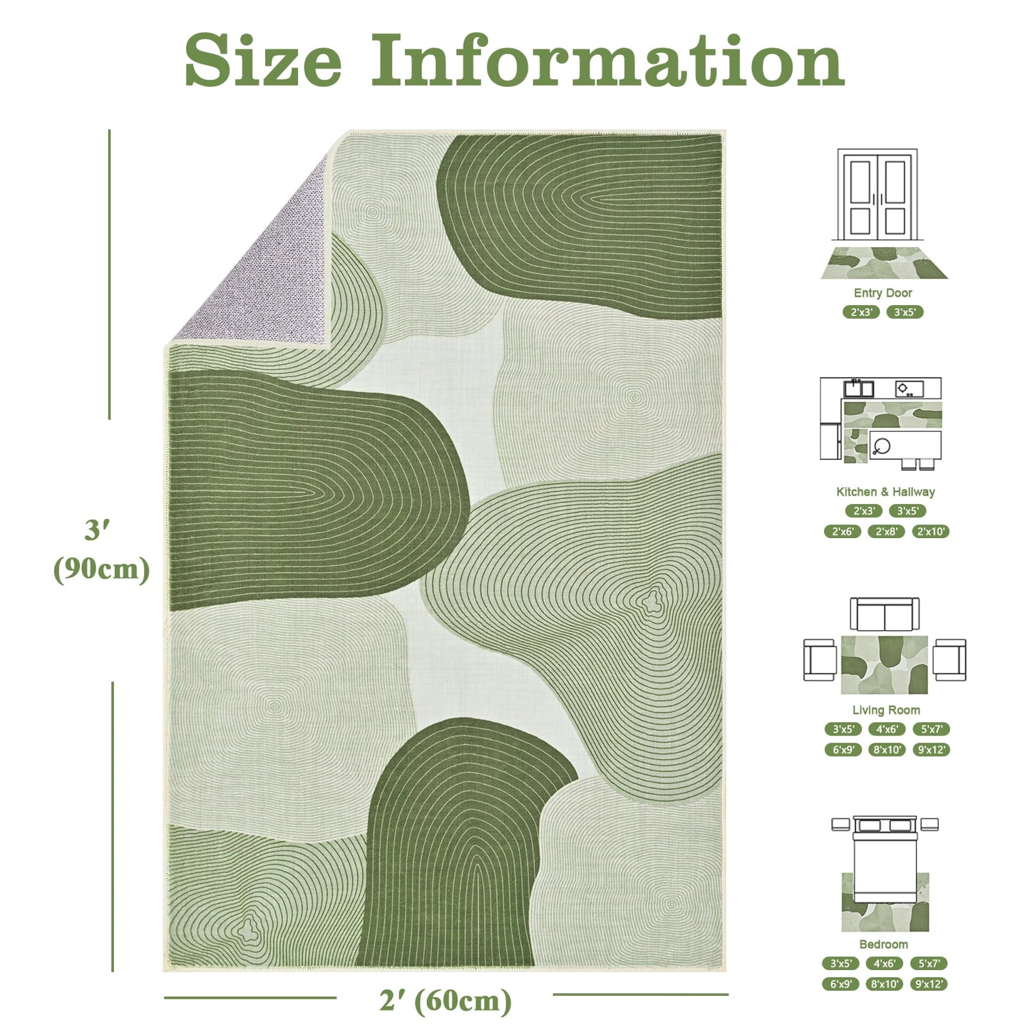 Bleum Cade Area Rugs for Doormat 2X3,Abstract Machine Washable Foldable Non Slip Outdoor Indoor Welcome Mat Carpet for Entrance,Green