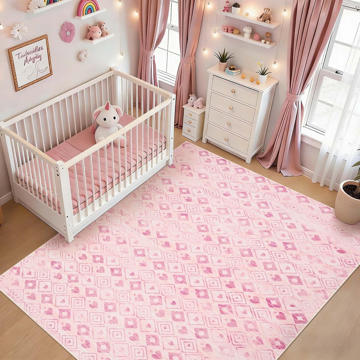 Bleum Cade Valentine's Day Rugs for Living Room 8'x10' Pink Washable Rugs for Bedroom, Diamond-shaped Grid Low Pile Carpet, Ultra Soft Non Slip Durable Large Area Rugs for Home Decor