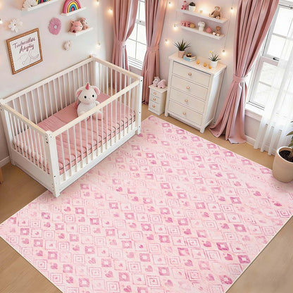Bleum Cade Valentine's Day Rugs for Living Room 8'x10' Pink Washable Rugs for Bedroom, Diamond-shaped Grid Low Pile Carpet, Ultra Soft Non Slip Durable Large Area Rugs for Home Decor