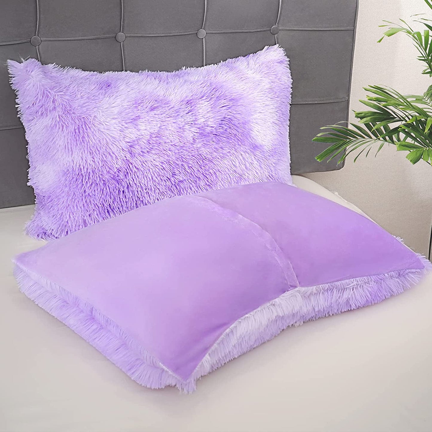 BLEUM CADE Luxury Fluffy Fuzzy King Bedding Comforter Set,4 Pieces Shaggy Duvet Cover Set,Furry Plush Velvet Comforter Cover with Zip Closure,King,Light Purple