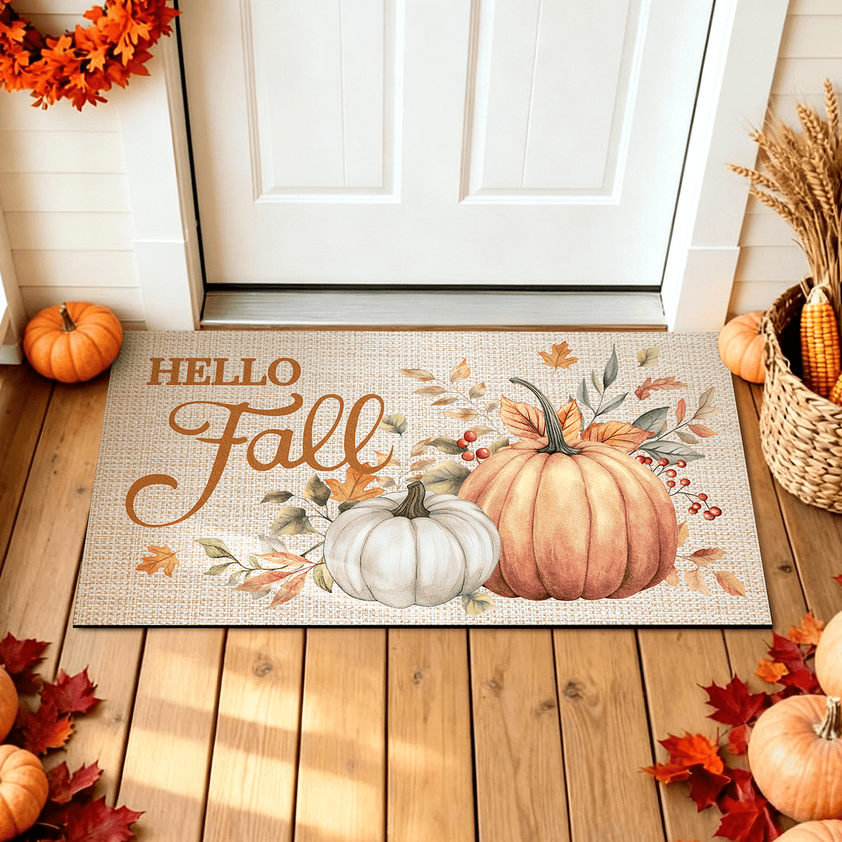 Bleum Cade Fall Pumpkin Door mat 18"x 30", Autumn Maple Leaves Non Slip Low Profile Doormat,Thanksgiving Welcome Mat for Indoor Outdoor Home Decor Gift