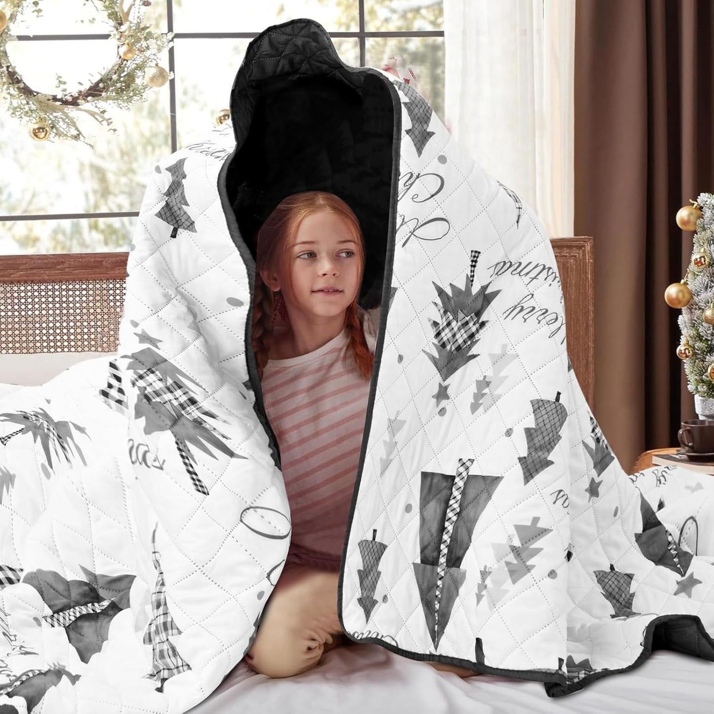 BLEUM CADE Christmas Quilt Sets Queen Size, 3 Pieces Christmas Tree Quilt Bedspread Sets,Lightweight Merry Christmas Bedding Set Soft Xmas Quilts Coverlet,Grey