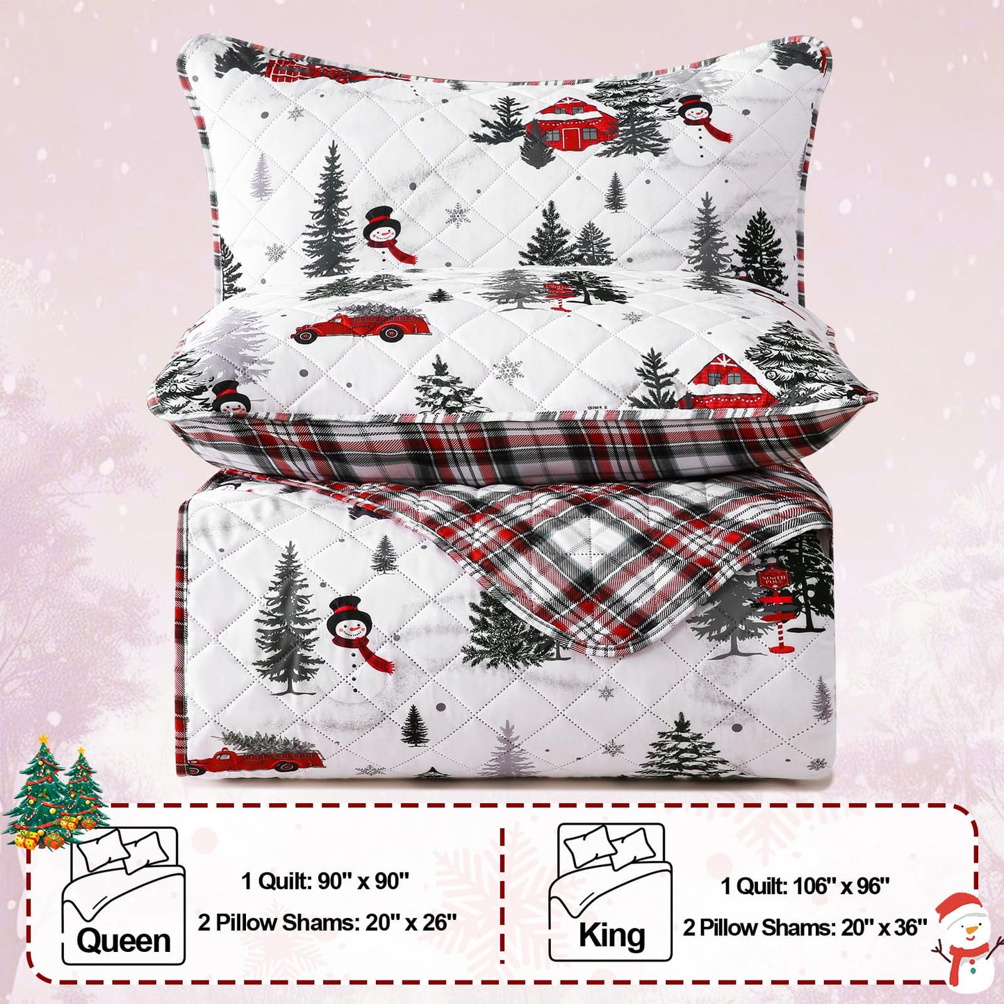BLEUM CADE Christmas Quilt Queen Size, Christmas Tree Quilt Set, Reversible Buffalo Plaid Quilts Bedding Set, Lightweight Soft Breathable Bedspread Coverlet, 90''x90''(1 Quilt, 2 Pillow Shams)