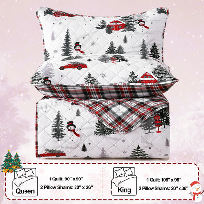 BLEUM CADE Christmas Quilt Queen Size, Christmas Tree Quilt Set, Reversible Buffalo Plaid Quilts Bedding Set, Lightweight Soft Breathable Bedspread Coverlet, 90''x90''(1 Quilt, 2 Pillow Shams)