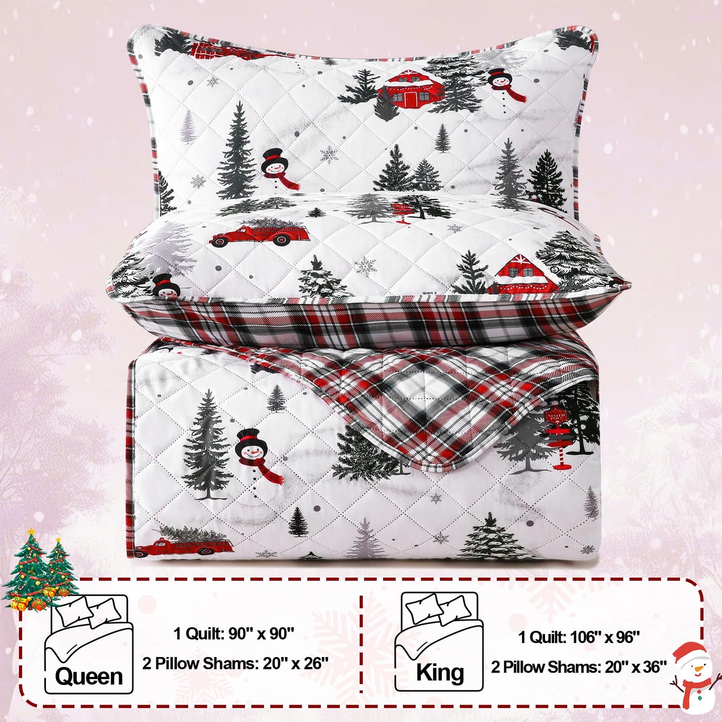 BLEUM CADE Christmas Quilt King Size, Christmas Tree Quilt Set, Reversible Buffalo Plaid Quilts Bedding Set, Lightweight Soft Breathable Bedspread Coverlet, 106''x96''(1 Quilt, 2 Pillow Shams)