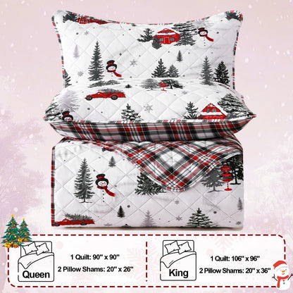 BLEUM CADE Christmas Quilt King Size, Christmas Tree Quilt Set, Reversible Buffalo Plaid Quilts Bedding Set, Lightweight Soft Breathable Bedspread Coverlet, 106''x96''(1 Quilt, 2 Pillow Shams)
