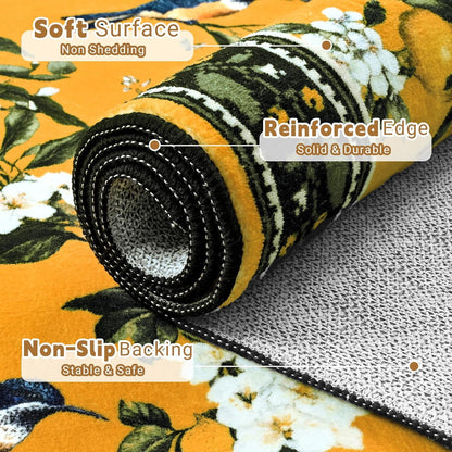 BLEUM CADE Yellow Floral Area Rug 2x3 Hummingbird Spring Foldable Vintage Rug Outdoor Lemon Welcome Mat with Rubber Backing