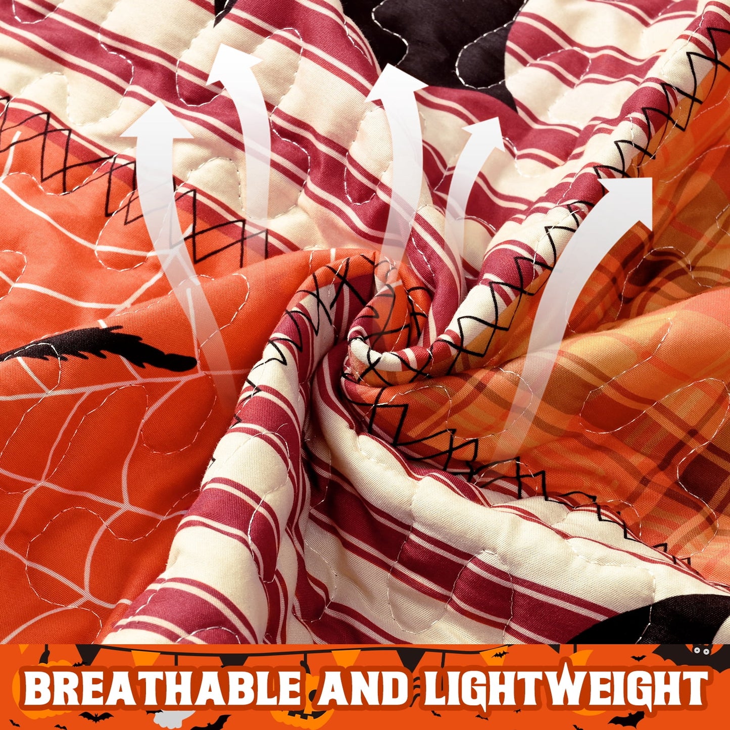 Bleum Cade Halloween 3 Pieces Quilt Set,Ghost Pumpkin & Black Cat Patchwork Bedding Set,Soft Lightweight Bedspread Coverlet Set Queen Size(Black & Red,90"x 90")