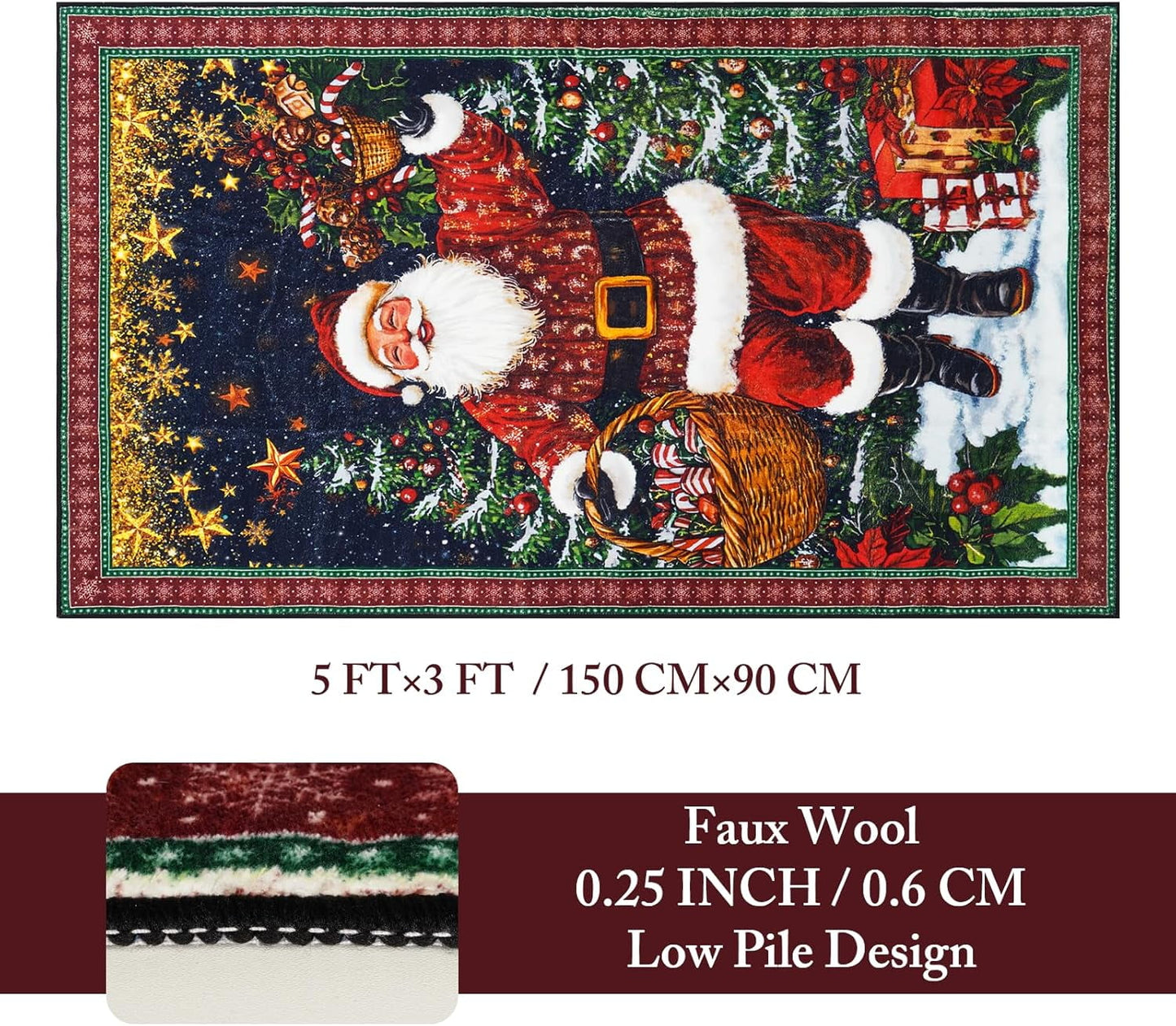 BLUEM CADE Santa Claus Christmas 3' x 5' Area Rug for Living Room Bedroom,Xmas Decor Machine Washable Rug Carpet with Non-slip Backing