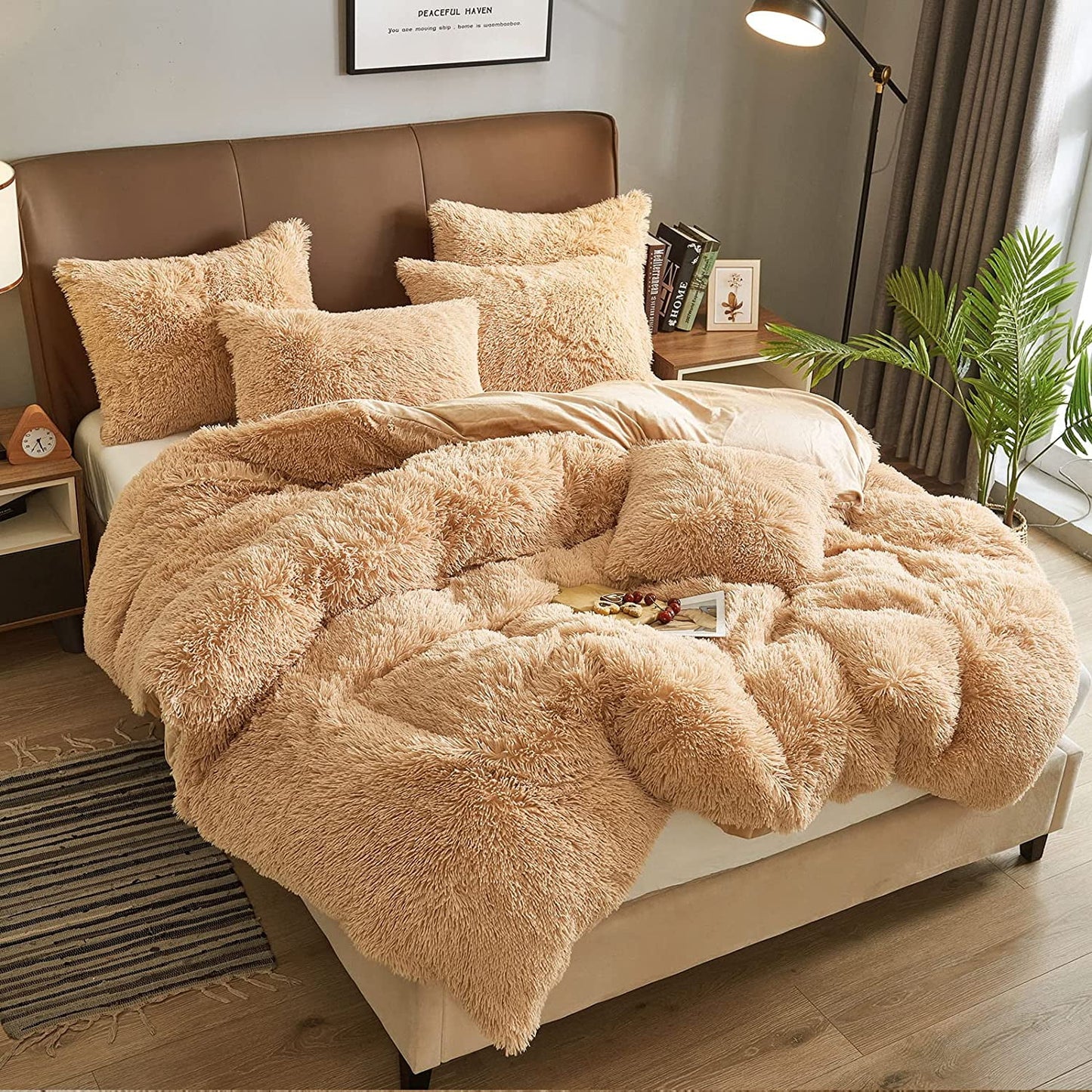 BLEUM CADE Luxury Fluffy Fuzzy King Bedding Comforter Set,4 Pieces Shaggy Duvet Cover Set,Furry Plush Velvet Comforter Cover with Zip Closure,Queen,Camel