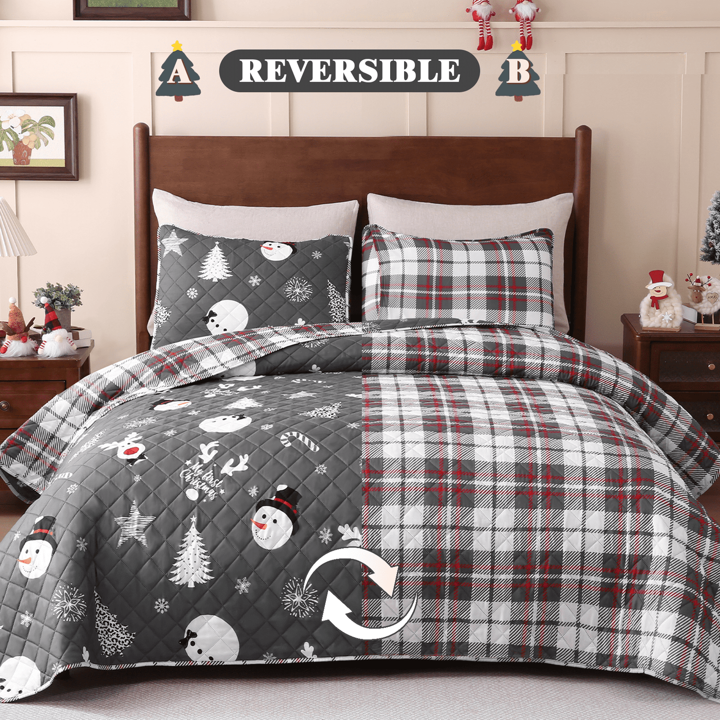 BLEUM CADE Christmas Quilts Sets Queen Size,3 Pieces Christmas Tree Quilt Bedding Set, Reversible Grey Buffalo Plaid Comforter Sets, Soft Lightweight Xmas Bedspread Coverlet,90"x90"