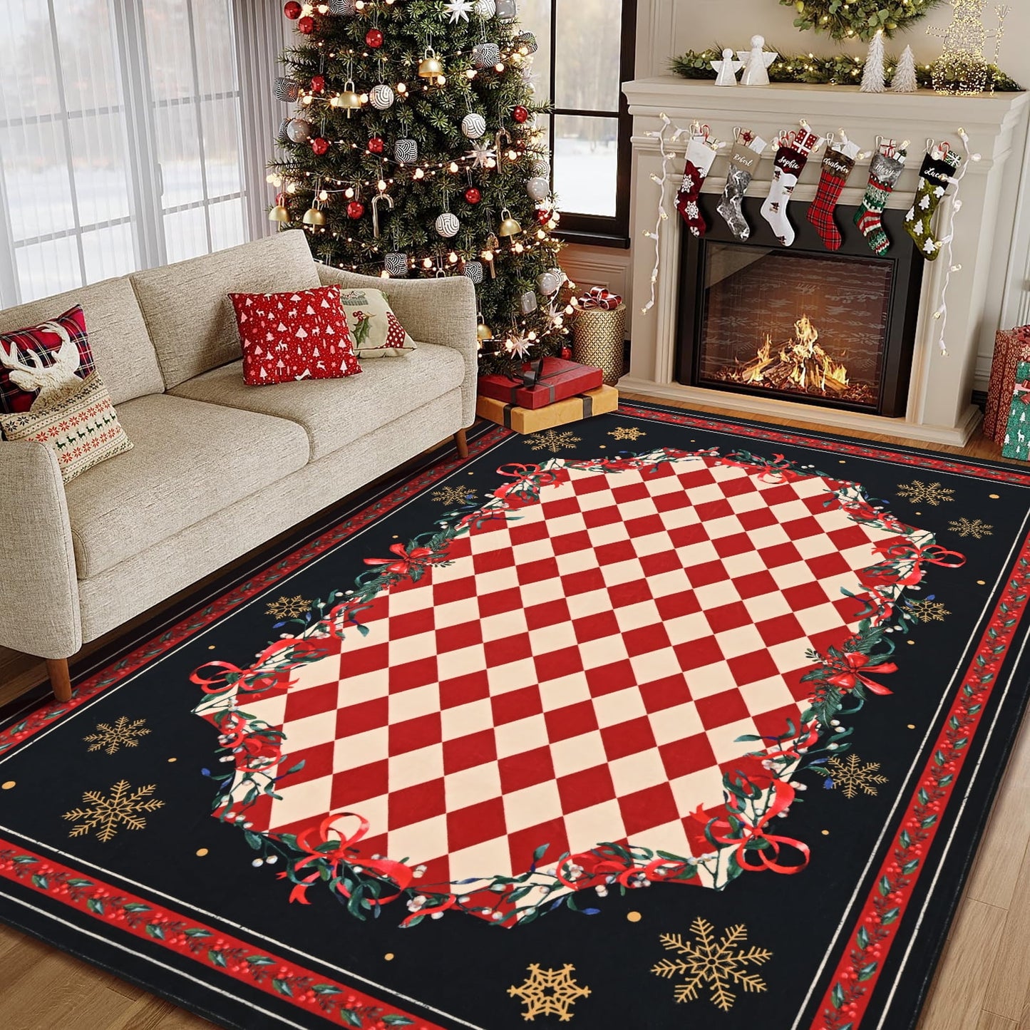 BLEUM CADE Christmas 5'x7' Area Rugs for Living Room, Washable Rugs for Bedroom Dinning Room,Red Checkered Rug Ultra Soft Non Slip Durable Large Carpet Home Decor