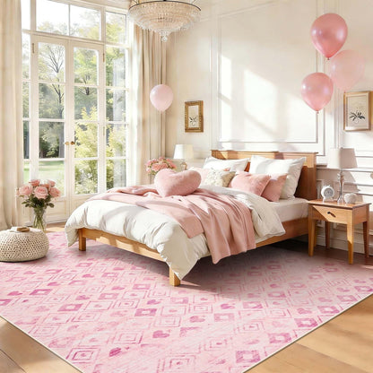 Bleum Cade Valentine's Day Rugs for Living Room 8'x10' Pink Washable Rugs for Bedroom, Diamond-shaped Grid Low Pile Carpet, Ultra Soft Non Slip Durable Large Area Rugs for Home Decor
