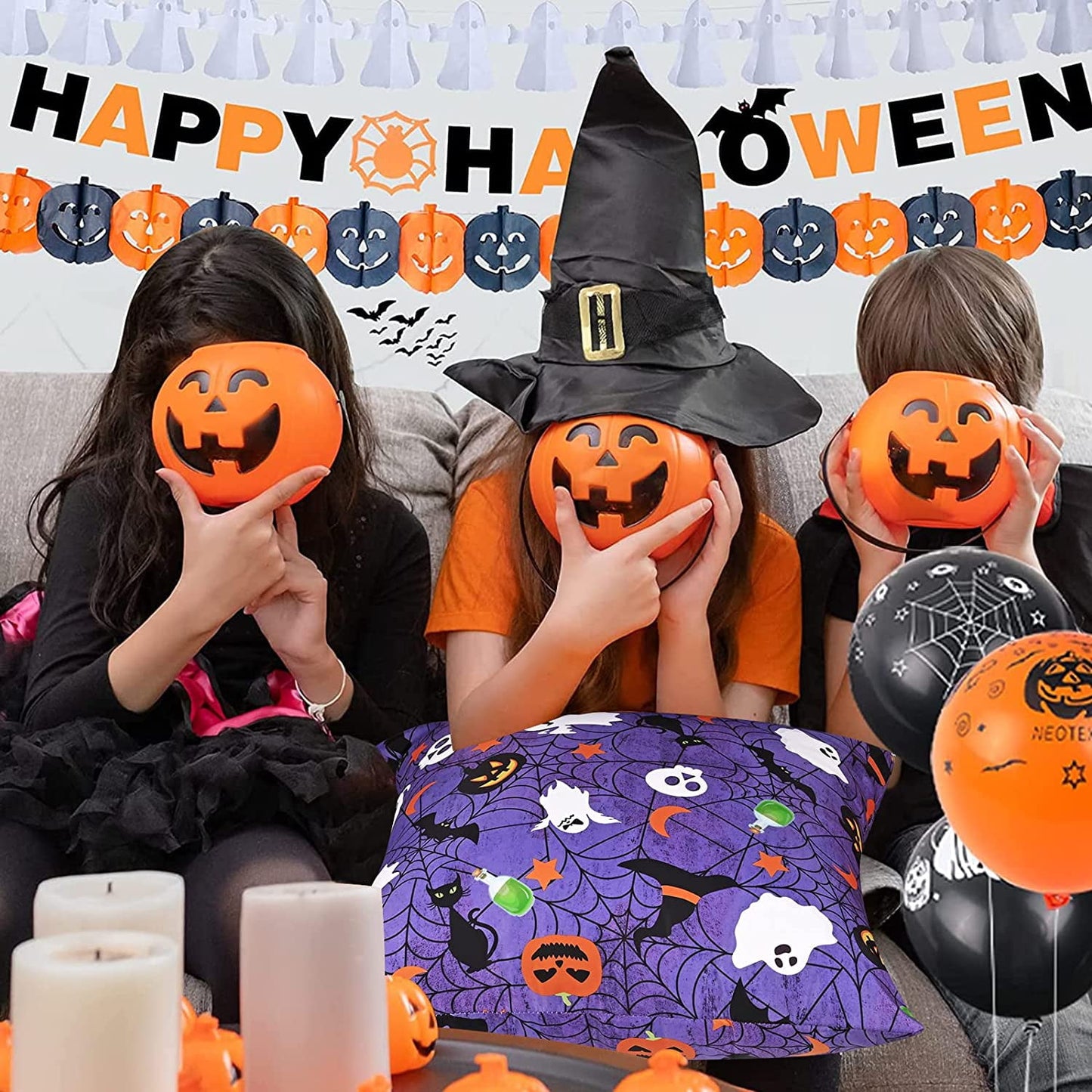 BLEUM CADE Halloween Pillow covers 18 x 18 inches Set of 2,Pumpkin Ghost Spider Web Halloween Decor,Purple