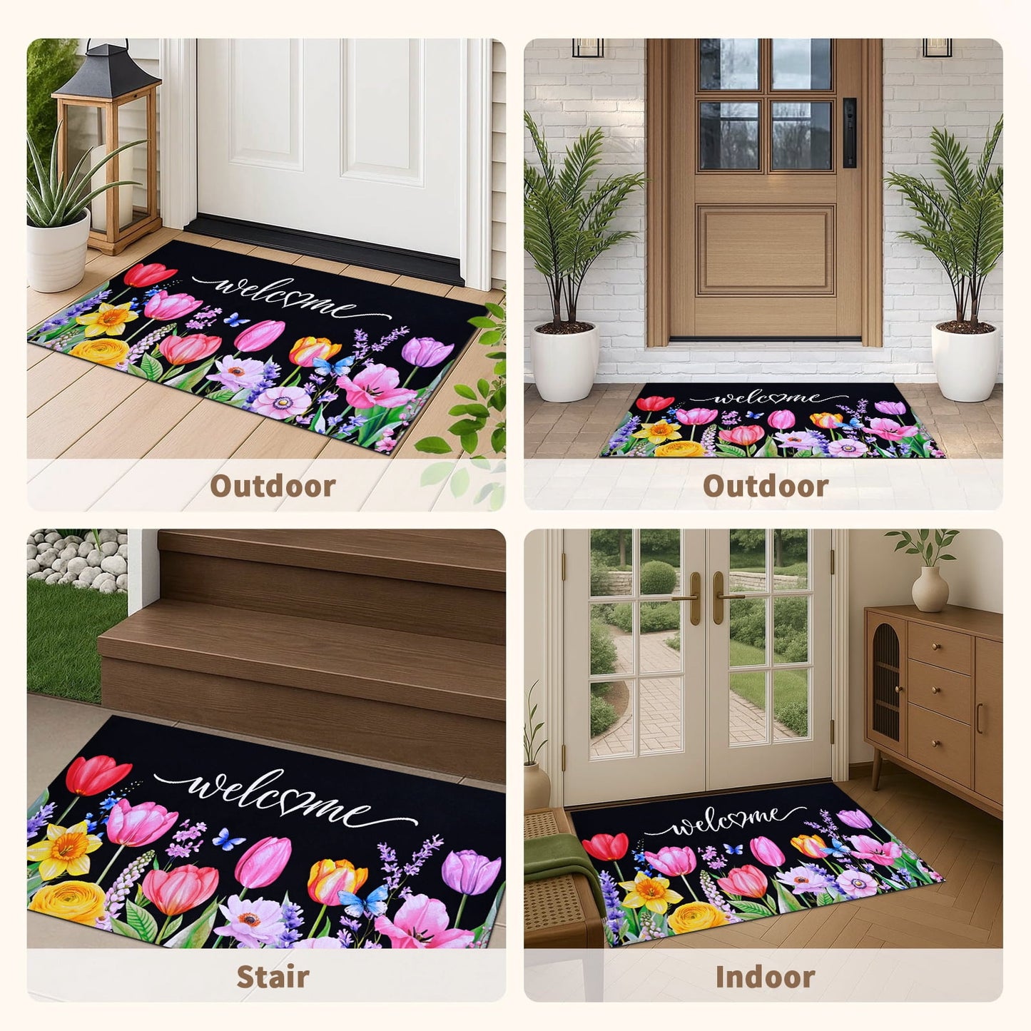 BLEUM CADE Spring Welcome Mat Floral Non Slip Outdoor Doormats,Tulip Low Profile Door Mat for Front Entrance & Outside Patio,18" x 30"