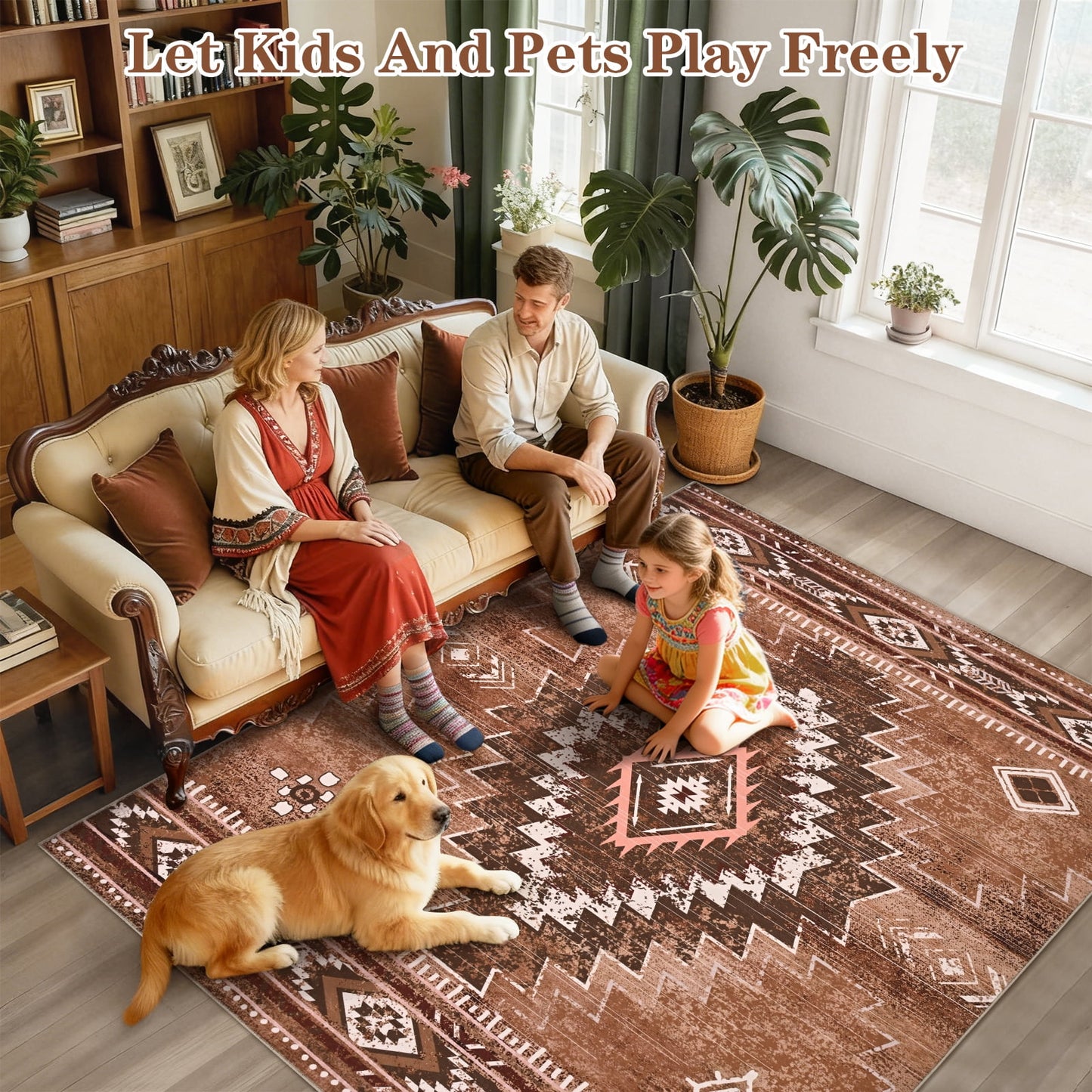 Bleum Cade Western Rugs for Living Room 5x7 Area Rug, Moroccan Washable Rugs for Bedroom, Non-Slip Boho Indoor Rug, Soft Low Pile Stain Resistant Geometric Floor Large Carpet Home Decor,Brown