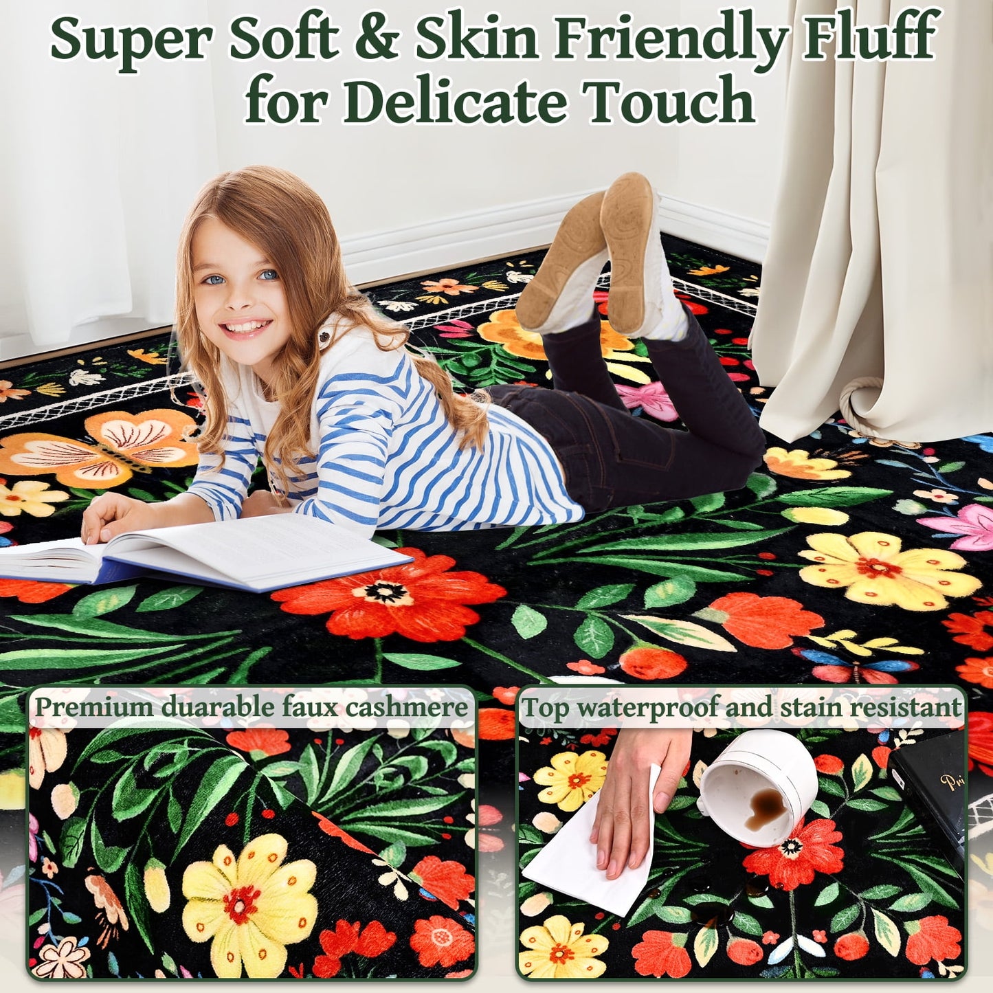 Bleum Cade Area Rugs for Doormat 2X3,Spring Boho Floral Rug, Machine Washable Non Slip Welcome Mat, Low Pile Carpet for Entryway, Kitchen, Front Door Indoor Entrance,Black