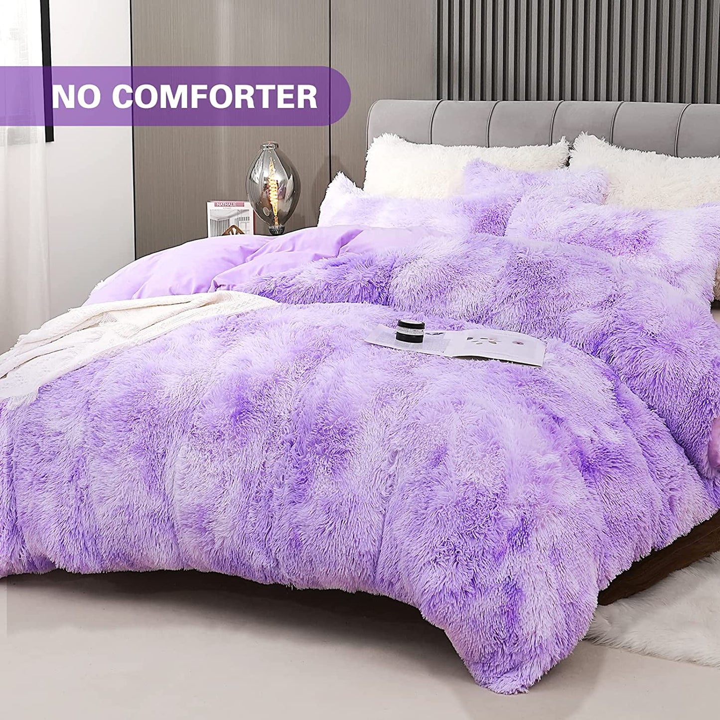 BLEUM CADE Luxury Fluffy Fuzzy Twin Bedding Comforter Set,3 Pieces Shaggy Duvet Cover Set,Furry Plush Velvet Comforter Cover with Zip Closure,King,Light Purple
