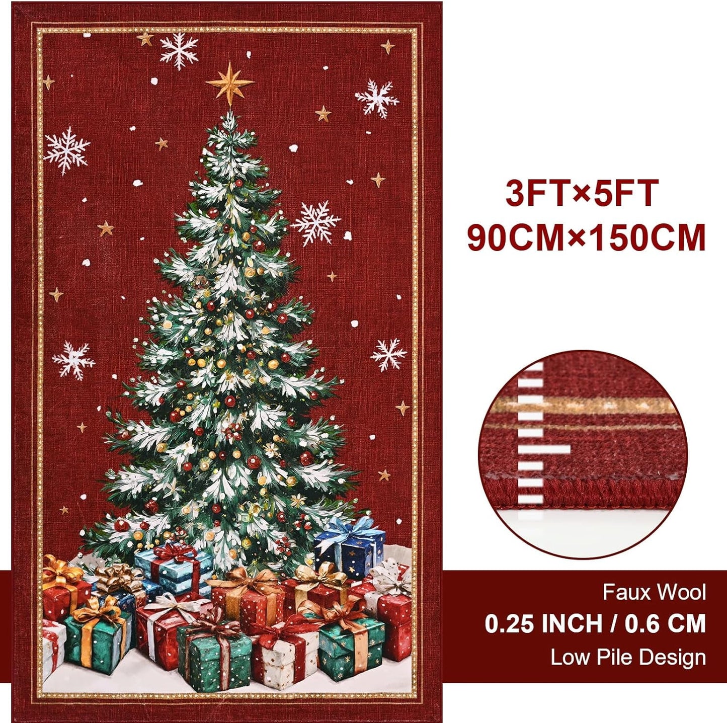 BLEUM CADE Christmas Tree Rug 3x5 Washable Rugs Non Slip,Xmas Red Area Rug for Living Room, Soft Faux Wool Large Entryway Rugs for Christmas Decorations