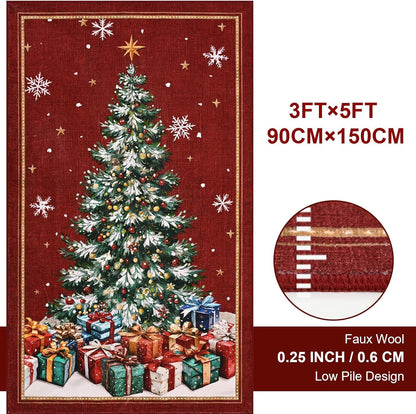 BLEUM CADE Christmas Tree Rug 3x5 Washable Rugs Non Slip,Xmas Red Area Rug for Living Room, Soft Faux Wool Large Entryway Rugs for Christmas Decorations
