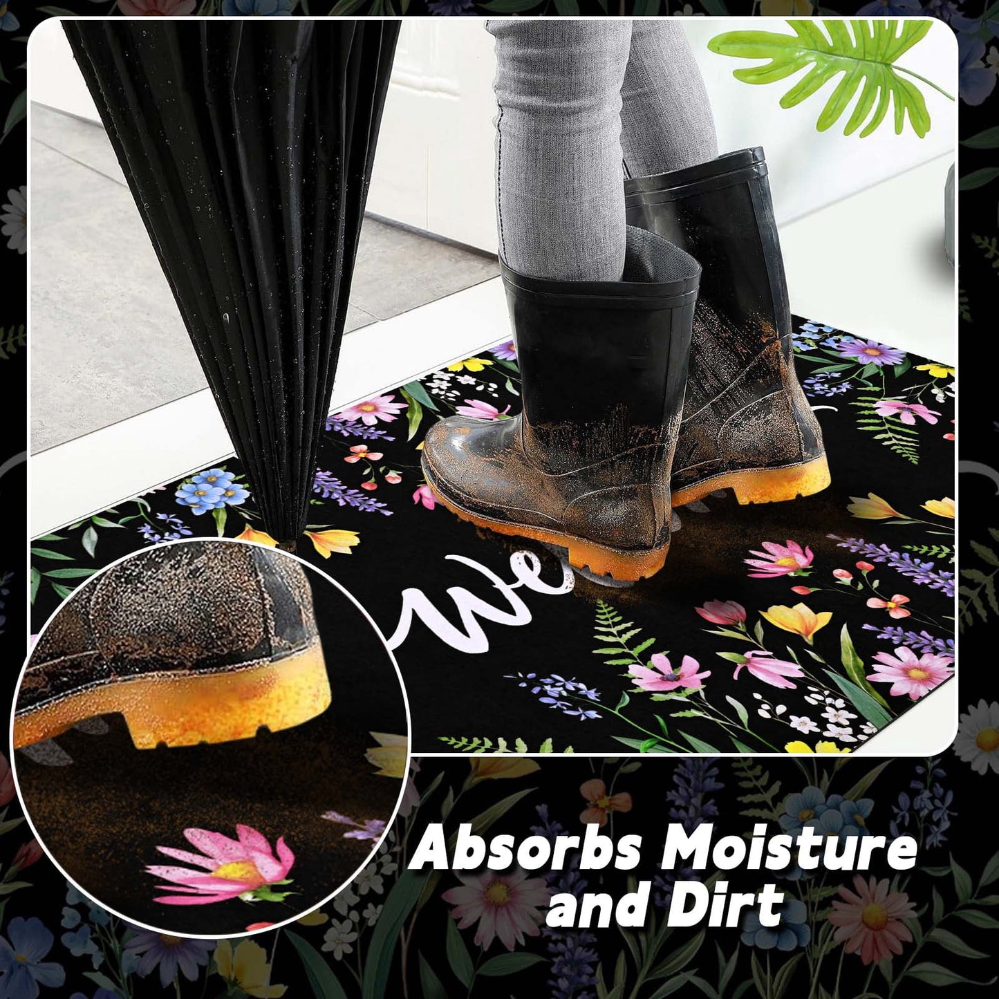 BLEUM CADE Flower Door Mat 18" x 30" Low Profile Outdoor Doormats Non Slip Rubber Backing Welcome Mat for Outdoor Front Porch Patio