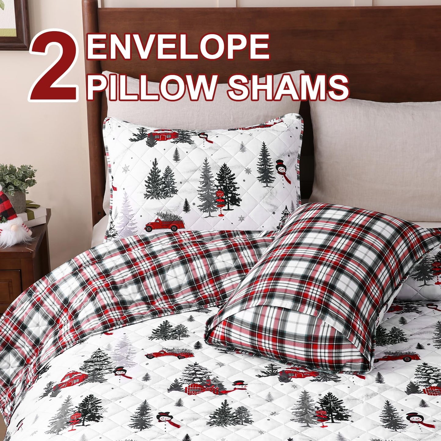 BLEUM CADE Christmas Quilt Queen Size, Christmas Tree Quilt Set, Reversible Buffalo Plaid Quilts Bedding Set, Lightweight Soft Breathable Bedspread Coverlet, 90''x90''(1 Quilt, 2 Pillow Shams)