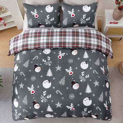 BLEUM CADE Christmas Duvet Cover Set Snowman Plaid 3 Piece Bedding Set for Double Bed 1 Duvet Cover, 2 Pillow Cover