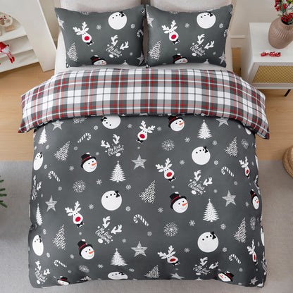 BLEUM CADE Christmas Duvet Cover Set Snowman Plaid 3 Piece Bedding Set for Double Bed 1 Duvet Cover, 2 Pillow Cover