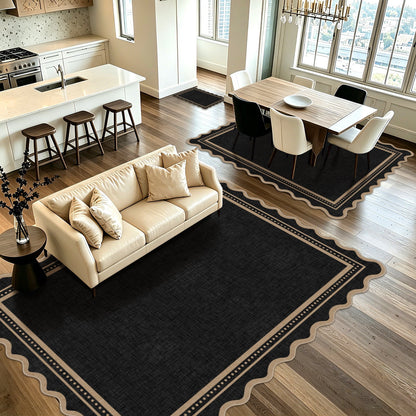 Bleum Cade Scalloped 5'x 7' Area Rug for Living Room,Washable Rug Solid Black Stain‑Resistant Carpet,Ultra Soft Low Pile Non Slip Rugs for Bedroom,Office,High Traffic Areas