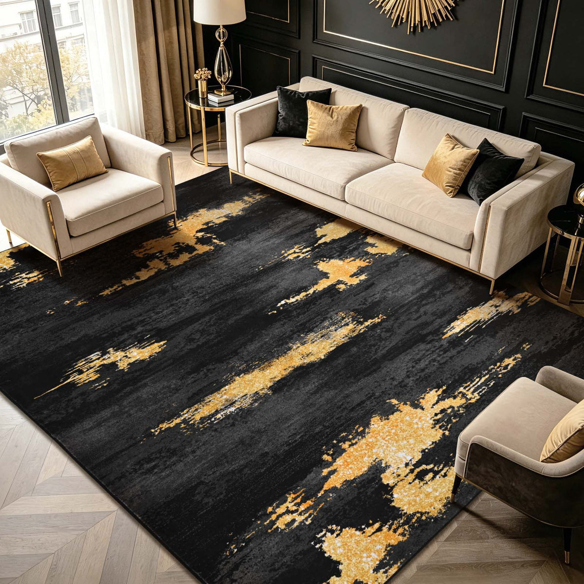 Bleum Cade 8'x10' Area Rugs for Living Room, Washable Rugs Modern Rugs for Bedroom Dinning Room,Abstract Rug Ultra Soft Non Slip Durable Large Carpet Home Decor, Black Gold