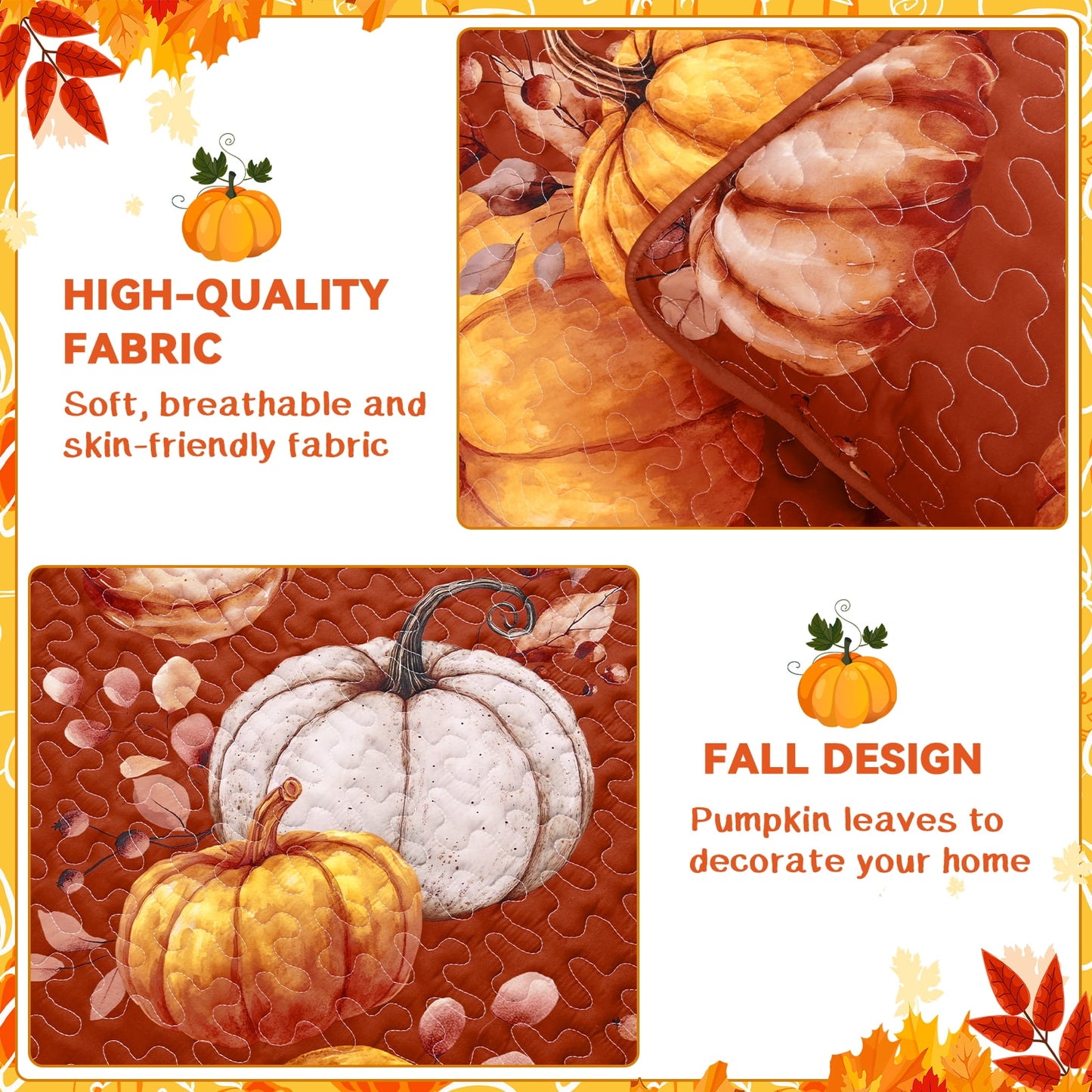 Bleum Cade 3 Pieces Fall Pumpkin King Quilt Set,Autumn Harvest Maple Leaves Bedding Set,Soft Lightweight Thanksgiving Decor Coverlet Set for King Bed,(Brown,90"x 104")
