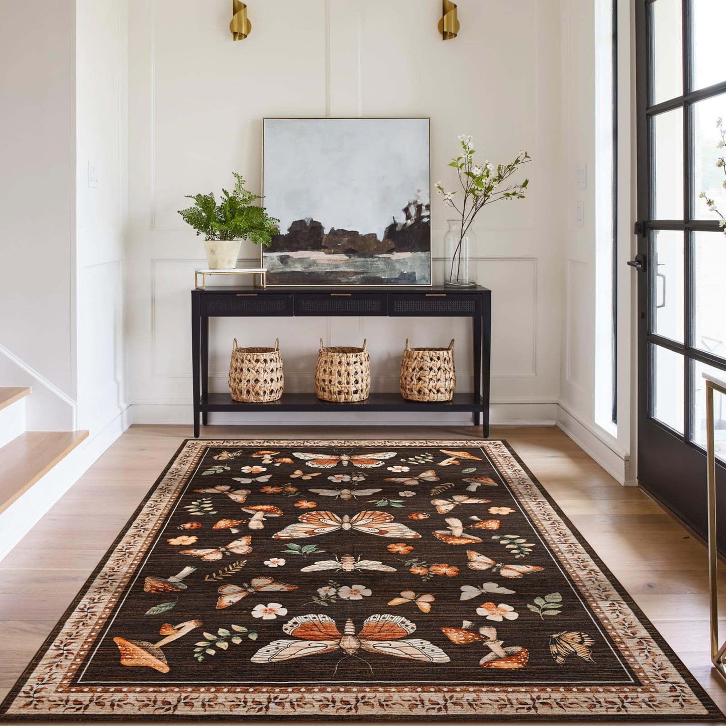 Bleum Cade 5'x7'Area Rugs for Living Room, Butterfly Mushroom Washable Rug for Bedroom,Ultra Soft Carpet Non Slip Low Pile Stain Resistant for Dining Room Home Decor,Brown