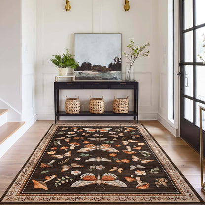 Bleum Cade 5'x7'Area Rugs for Living Room, Butterfly Mushroom Washable Rug for Bedroom,Ultra Soft Carpet Non Slip Low Pile Stain Resistant for Dining Room Home Decor,Brown