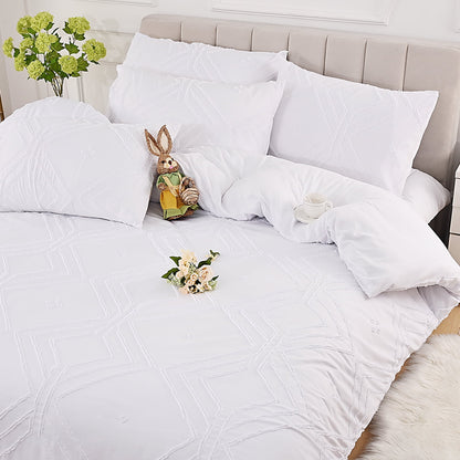 BLEUM CADE 3 Pieces Comforter Set Queen Size Soft Breathable Duvet Cover Set,Tufted Geometric Bed Comforter Cover Set,White