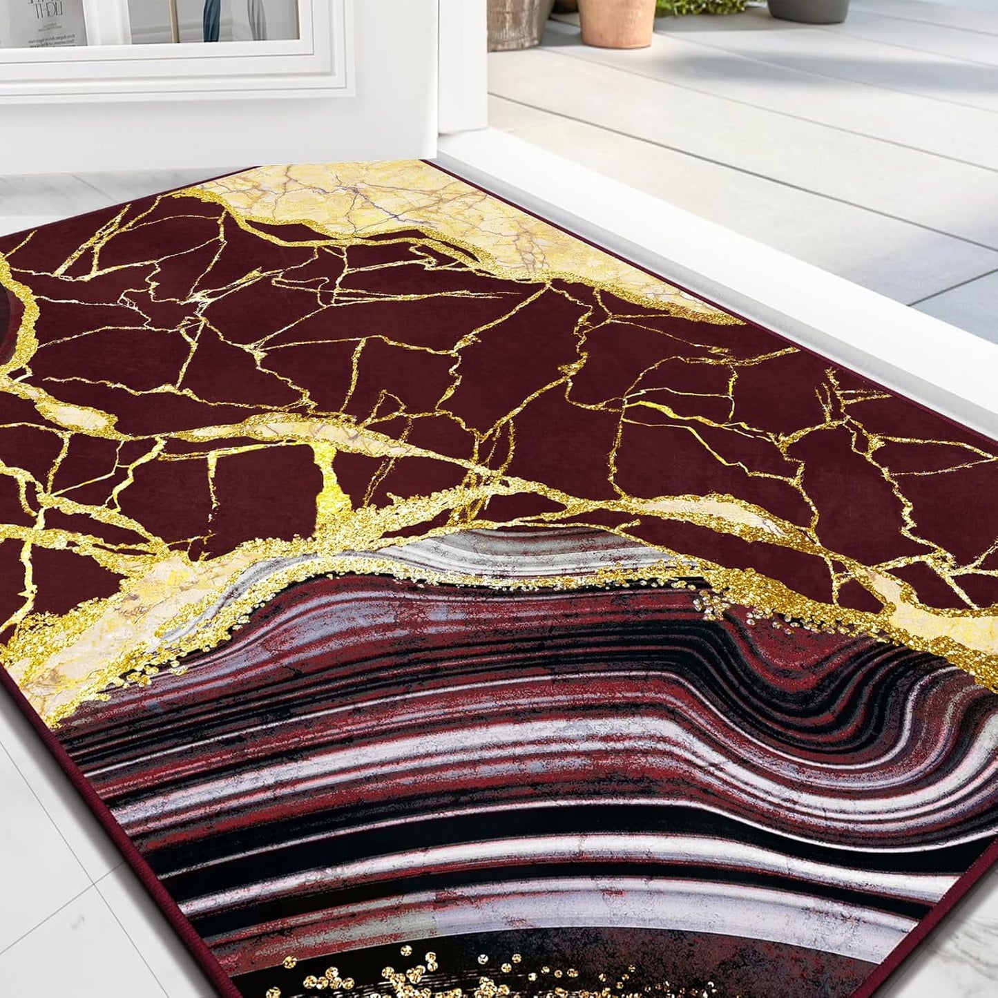 Bleum Cade Area Rugs for Doormat 2X3,Marble Swirl Abstract Rugs, Machine Washable Foldable Non Slip Outdoor Indoor Welcome Mat,Red Gold