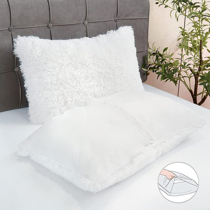 BLEUM CADE Luxury Fluffy Fuzzy Queen Bedding Comforter Set,3 Pieces Shaggy Duvet Cover Set,Furry Plush Velvet Comforter Cover with Zip Closure,White