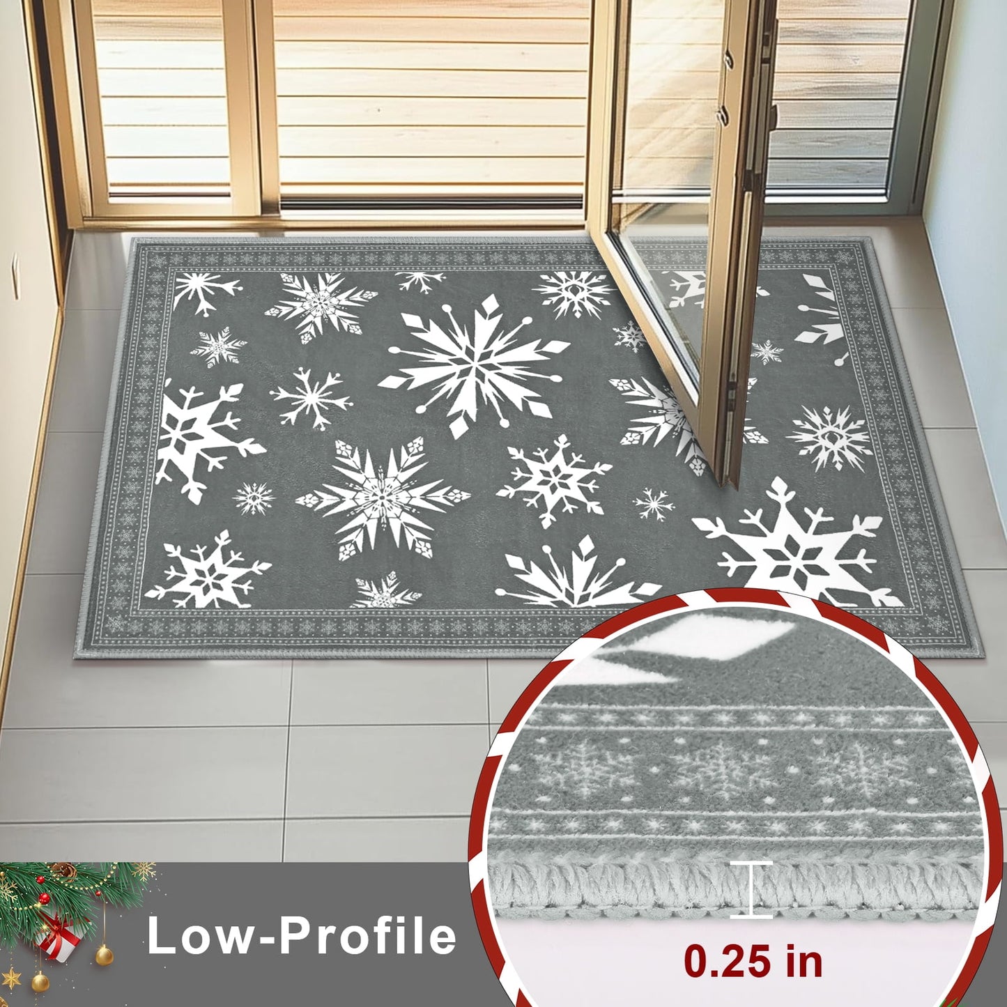 Bleum Cade Christmas Snowflake Area Rugs 2x3 Door Mat, Non Slip Washable Entryway Rug Outdoor Indoor Xmas Santa Welcome Mat for Entrance,Gray