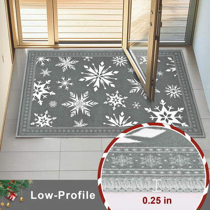Bleum Cade Christmas Snowflake Area Rugs 2x3 Door Mat, Non Slip Washable Entryway Rug Outdoor Indoor Xmas Santa Welcome Mat for Entrance,Gray