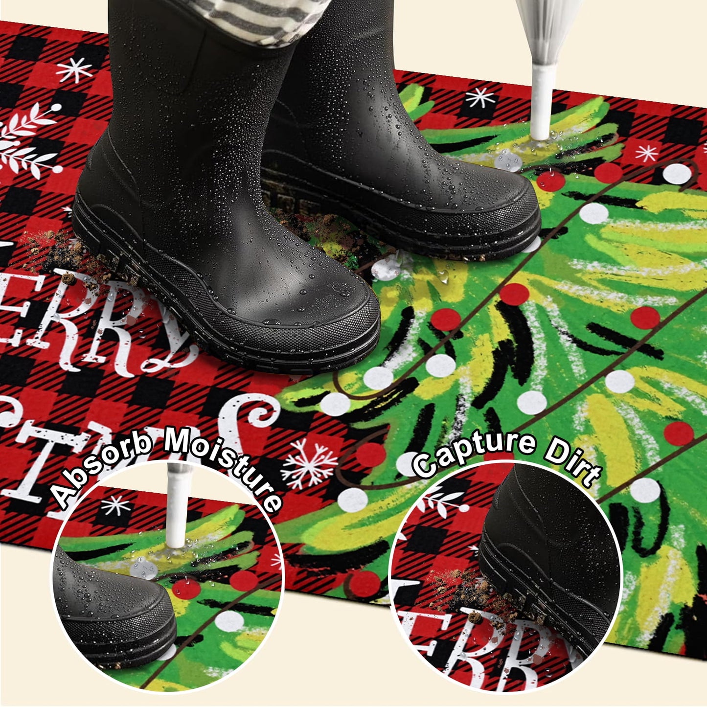 BLEUM CADE Christmas Welcome Mat,Christmas Tree Outdoor Door Mat Outside for Front Door,Red Buffalo Plaid Non-slip Rubber Backing Doormat,Low-Pile Mat for Entrance,18 x 30 in